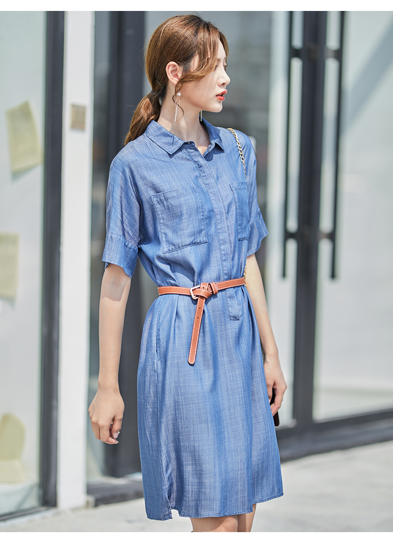 娅丽达女装2019夏季新款天丝牛仔连衣裙衬衫领五分袖纯色高腰裙子i