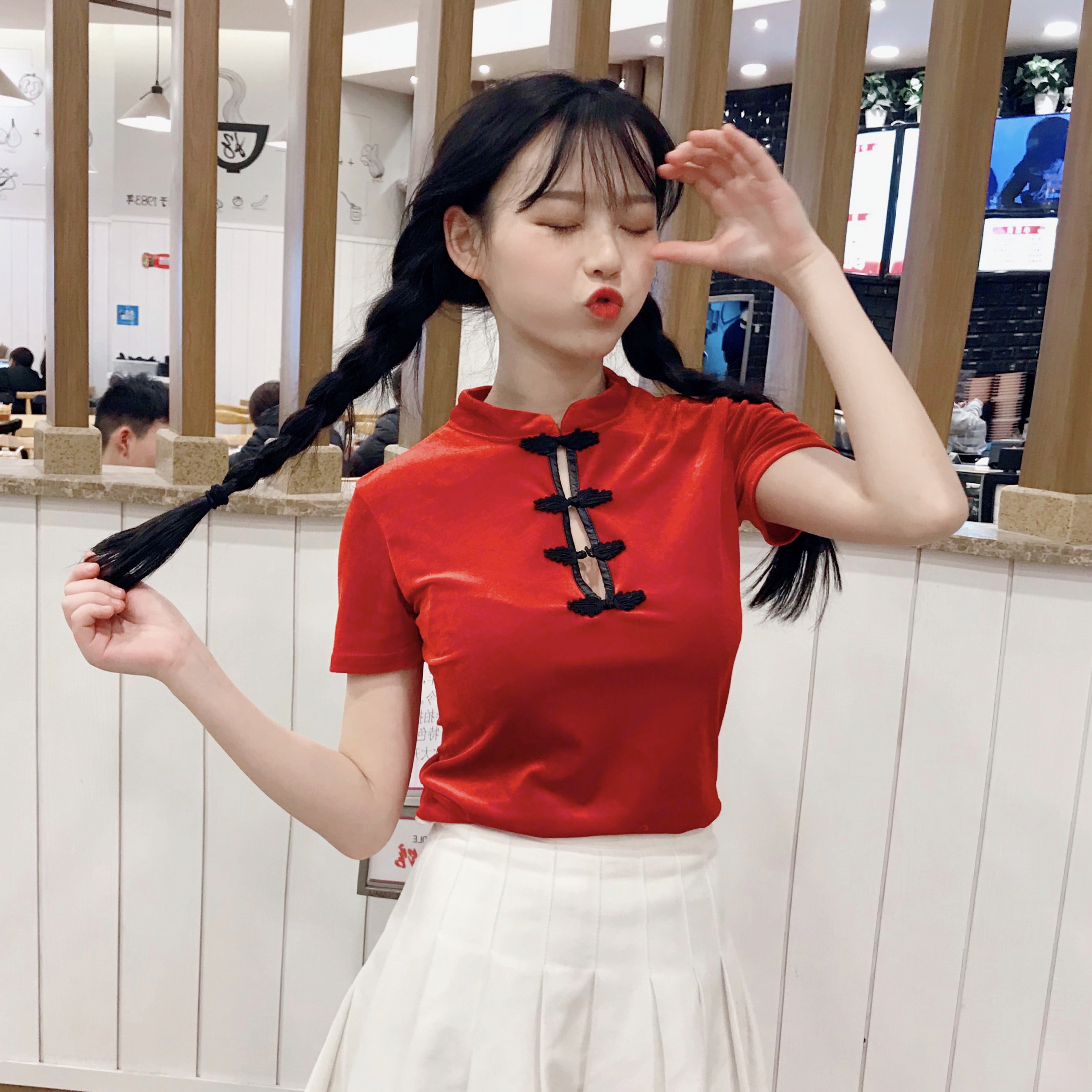 薇姬桑妮春季女装韩版少女小性感丝绒盘扣立领修身短袖t恤学生上衣