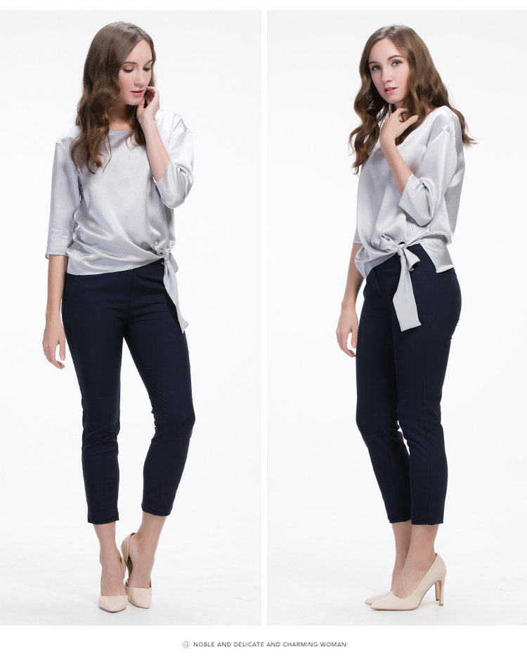 aline阿莱2017夏装新款七分袖桑蚕丝系带圆领真丝上衣agc2058