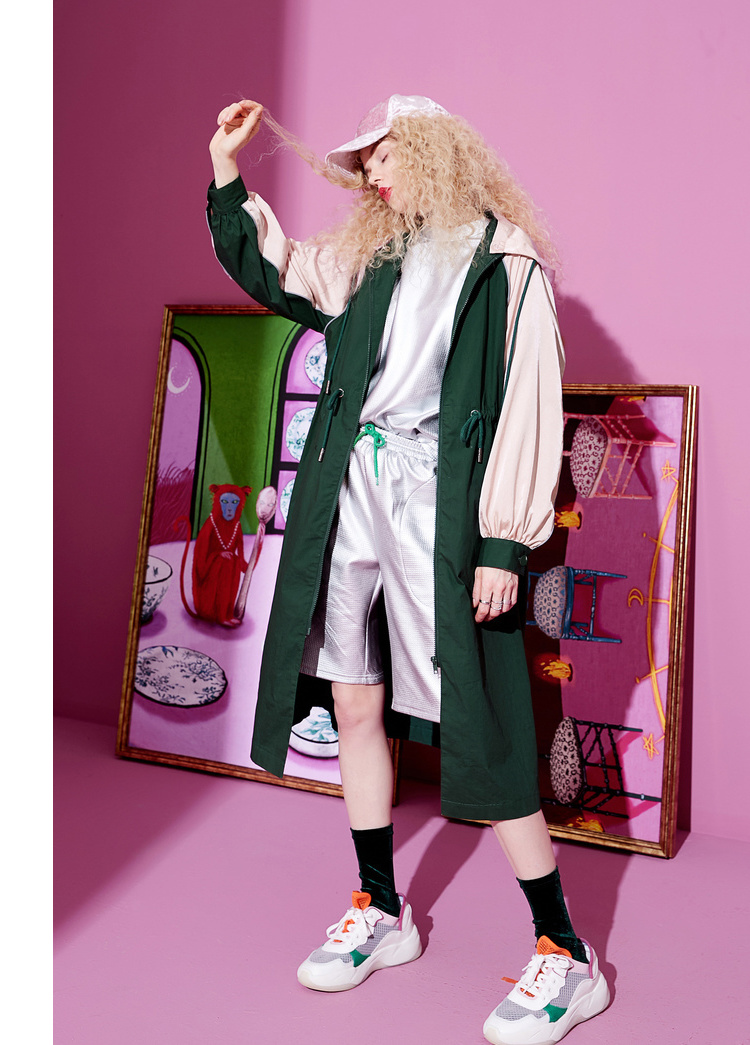 妖精的口袋2019新款女装春季撞色学院风连帽风衣中长款小个子外套