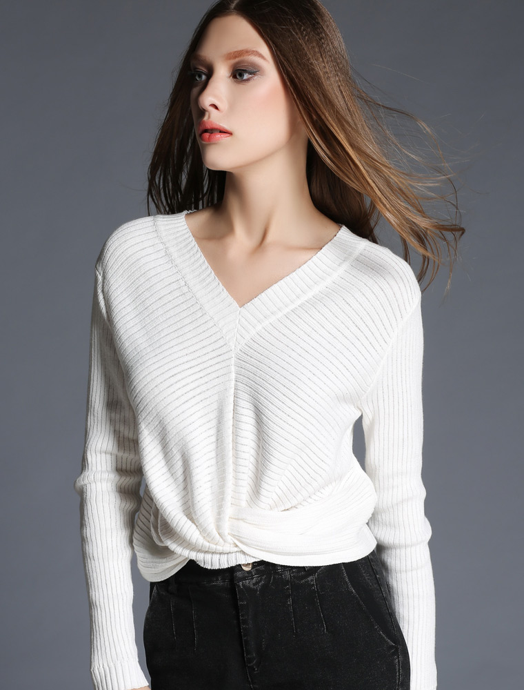 zarakara女装2017春装新款v领修身不规格下摆褶皱套头毛衣女b