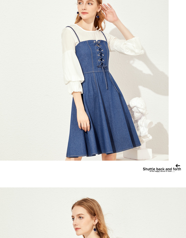 美丽衣橱时尚套装女2019夏新款灯笼袖白色衬衫牛仔吊带裙两件套