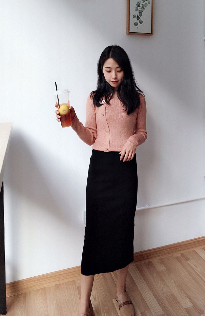 黑色羊毛针织中长款半身裙秋冬女高腰臀长裙弹力显瘦开叉一步裙