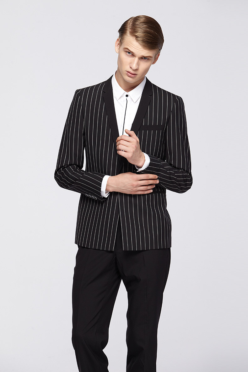 d&x男士西服 d&x意大利品牌男士羊毛混纺套西上装 窄领条纹修身新郎