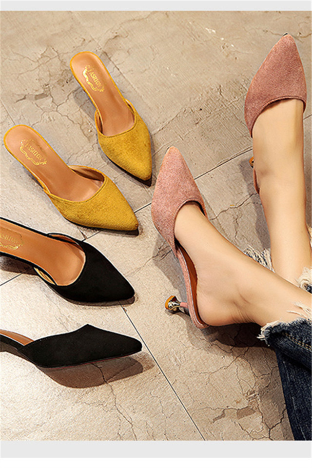 薇姬桑妮欧美女鞋春夏季休闲半拖中高跟鞋细跟潮凉拖鞋女包头尖头拖鞋