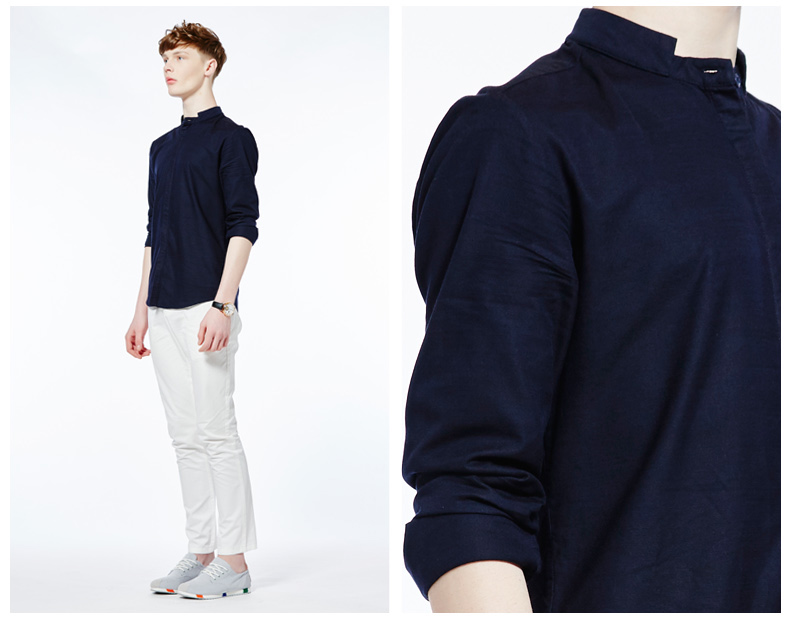 千兮510211 千兮立领衬衫男长袖秋季新款纯棉男士长袖衬衫 商务纯色