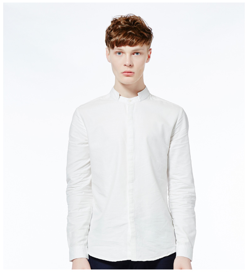 千兮510211千兮立领衬衫男长袖秋季新款纯棉男士长袖衬衫商务纯色修身