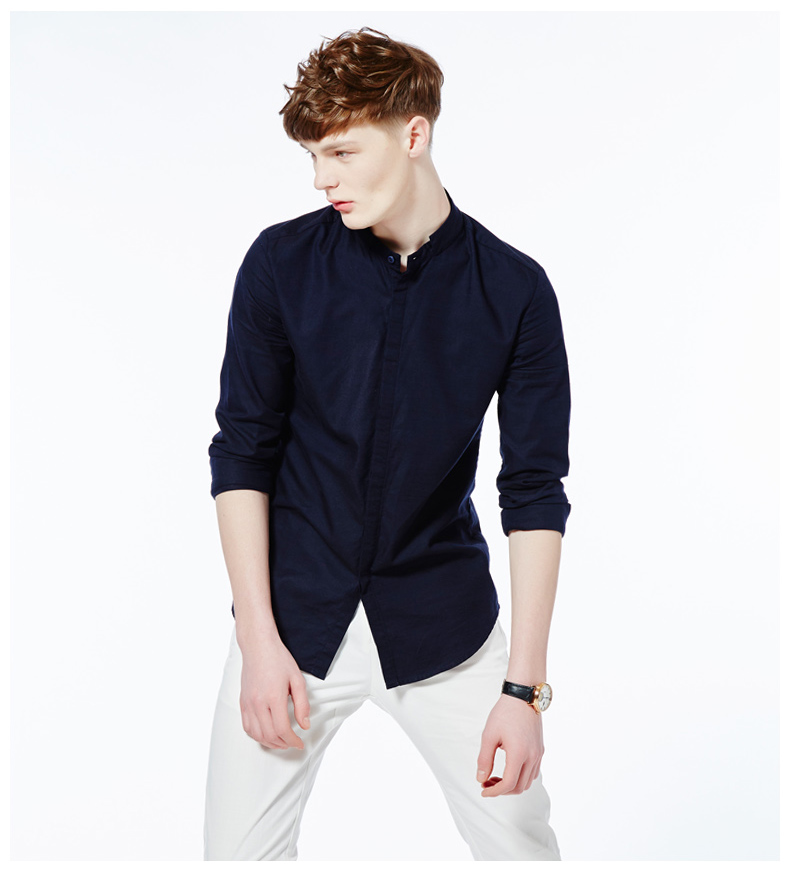 千兮510211千兮立领衬衫男长袖秋季新款纯棉男士长袖衬衫商务纯色修身