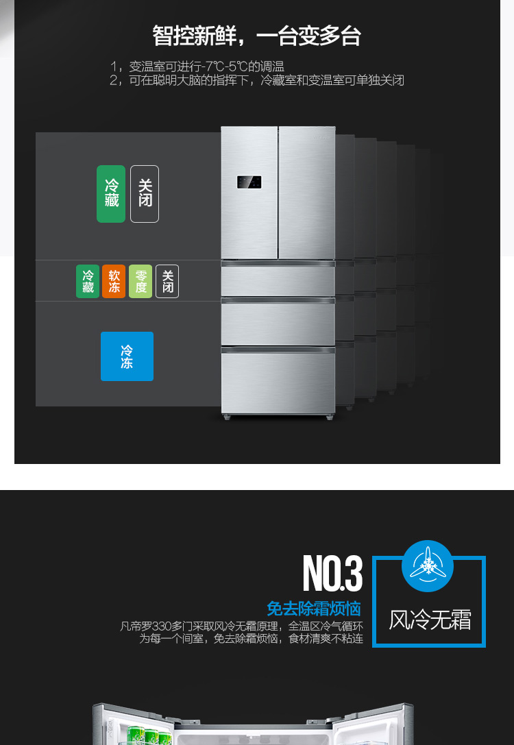 【美的(midea)冰箱bcd-330wtv】 美的(midea)330升多门冰箱 分类存储