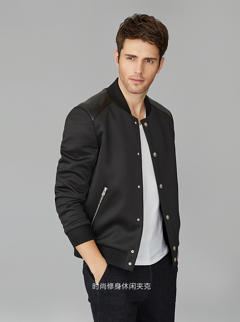 千纸鹤hmw082601a男黑色弹力舒适时尚夹克