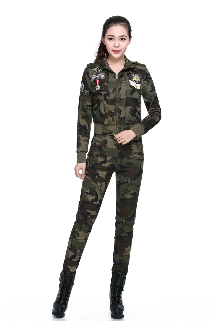 hoscene春秋季迷彩服套装弹力迷彩水兵舞户外休闲女士旅游套装迷彩