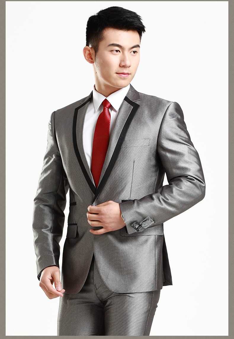 newlake银灰色西服套装男亮面新郎西装结婚礼服修身韩版商务休闲正装