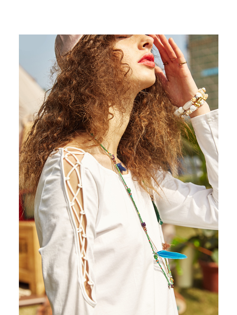 裂帛2019春新款舒适一字领刺绣穿绳舒适百搭文艺风针织长袖t恤女