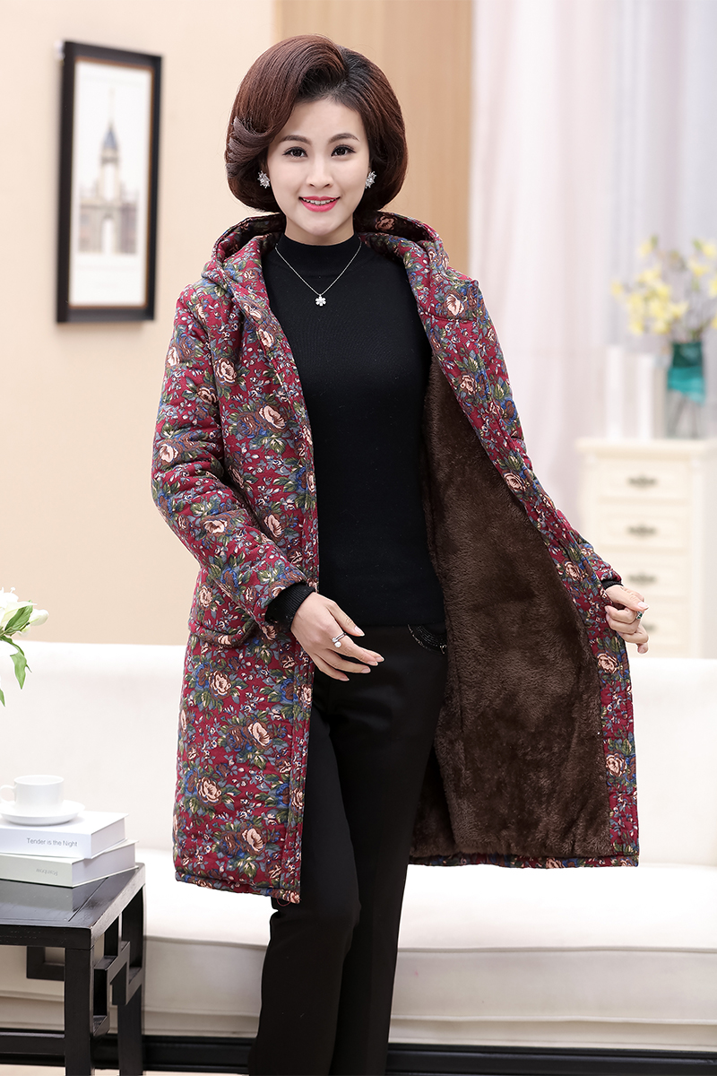 桑妮中老年棉衣女中长款棉服胖妈妈装外套中年秋冬装加绒加厚连帽棉袄