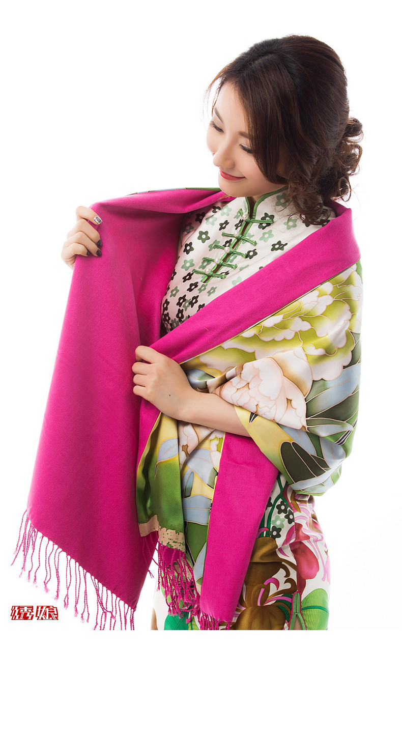 绣娘丝绸花溪谷语真丝大披肩春秋冬长款手绘牡丹手工卷边流苏围巾