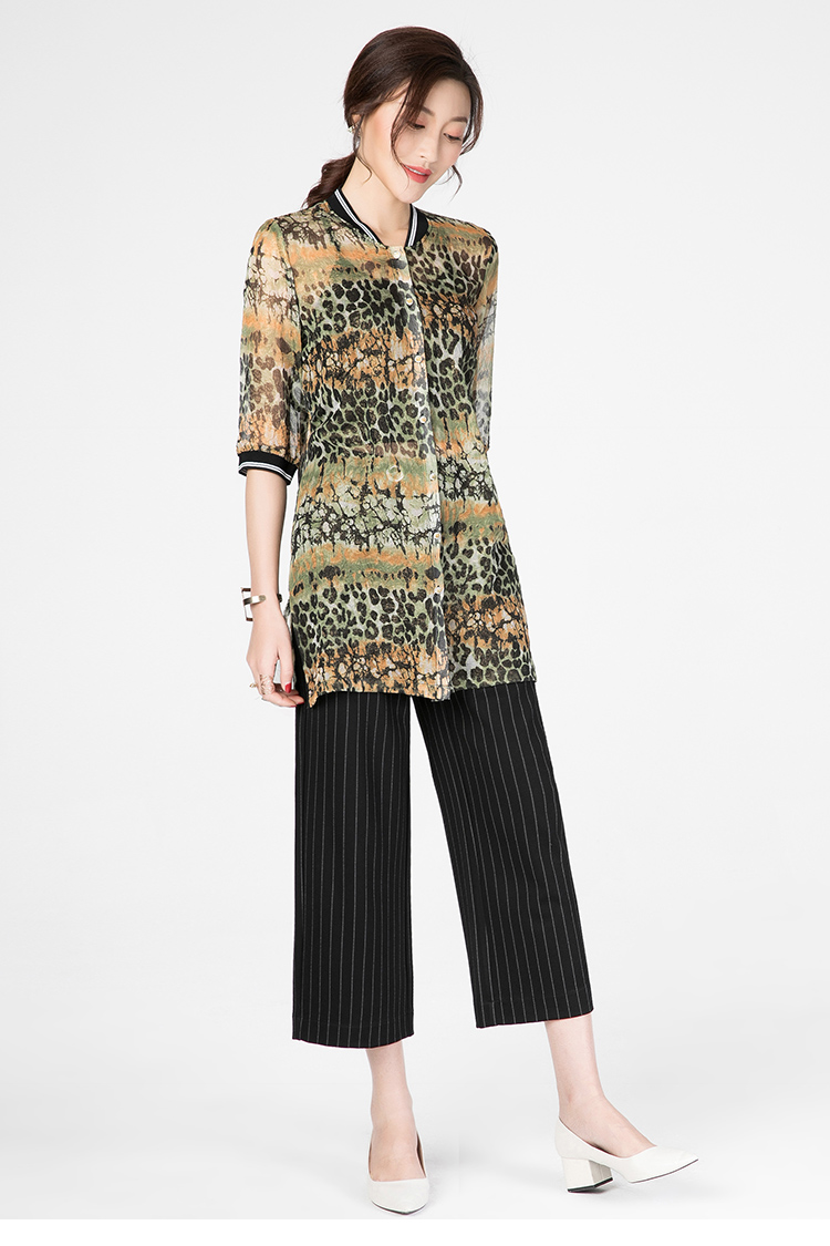 逸阳女裤逸阳夏季女装网纱中长款豹纹印花轻薄防晒衣上衣女1426