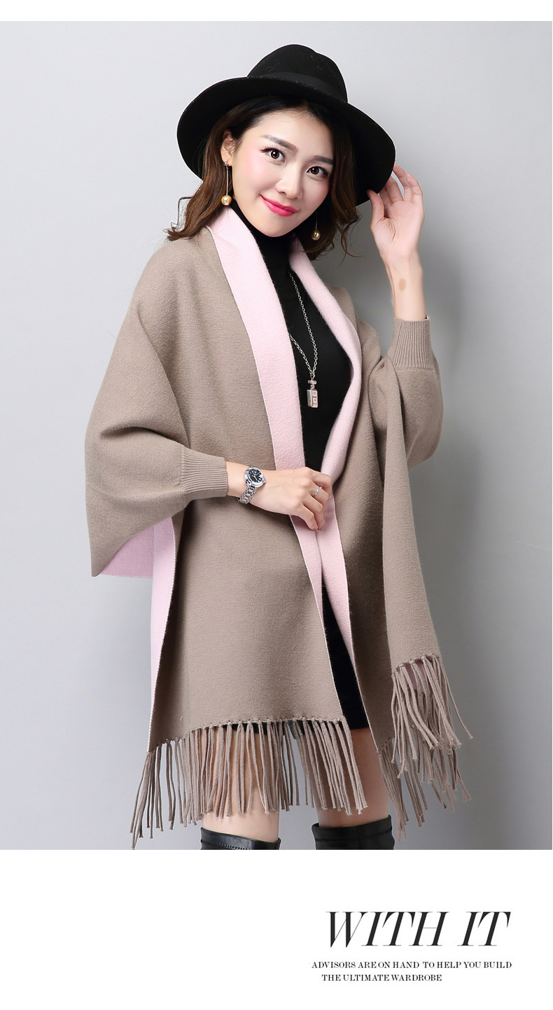 qma新款2017春秋女装针织衫披肩开衫斗篷流苏蝙蝠袖外套毛衣潮女披风