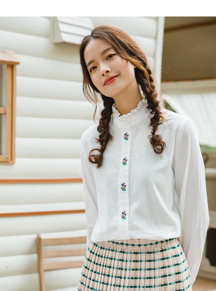茵曼inman2019春装新款白色立领文艺绣花复古休闲百搭长袖衬衣衬衫女