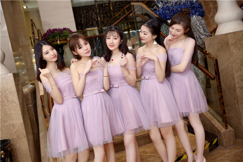 902新款2017新款伴娘团伴娘服短款一字肩主持表演宴会小礼服闺蜜姐妹