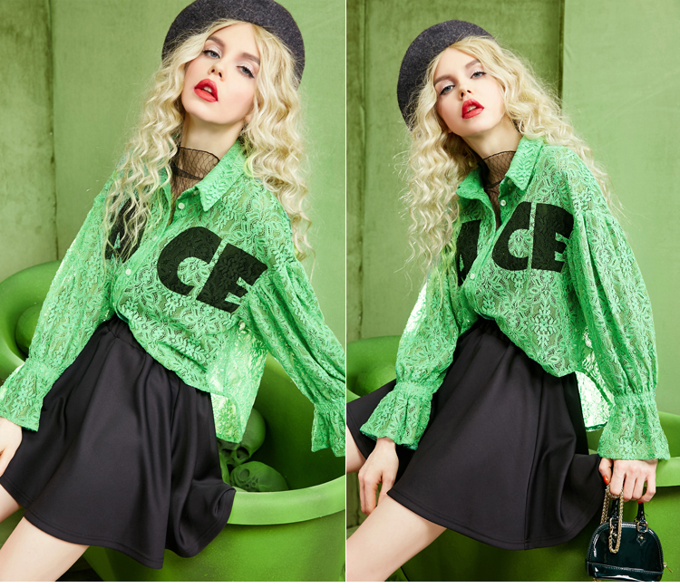 妖精的口袋中枢传感器春装2017新款前短后长印花喇叭袖蕾丝衬衫