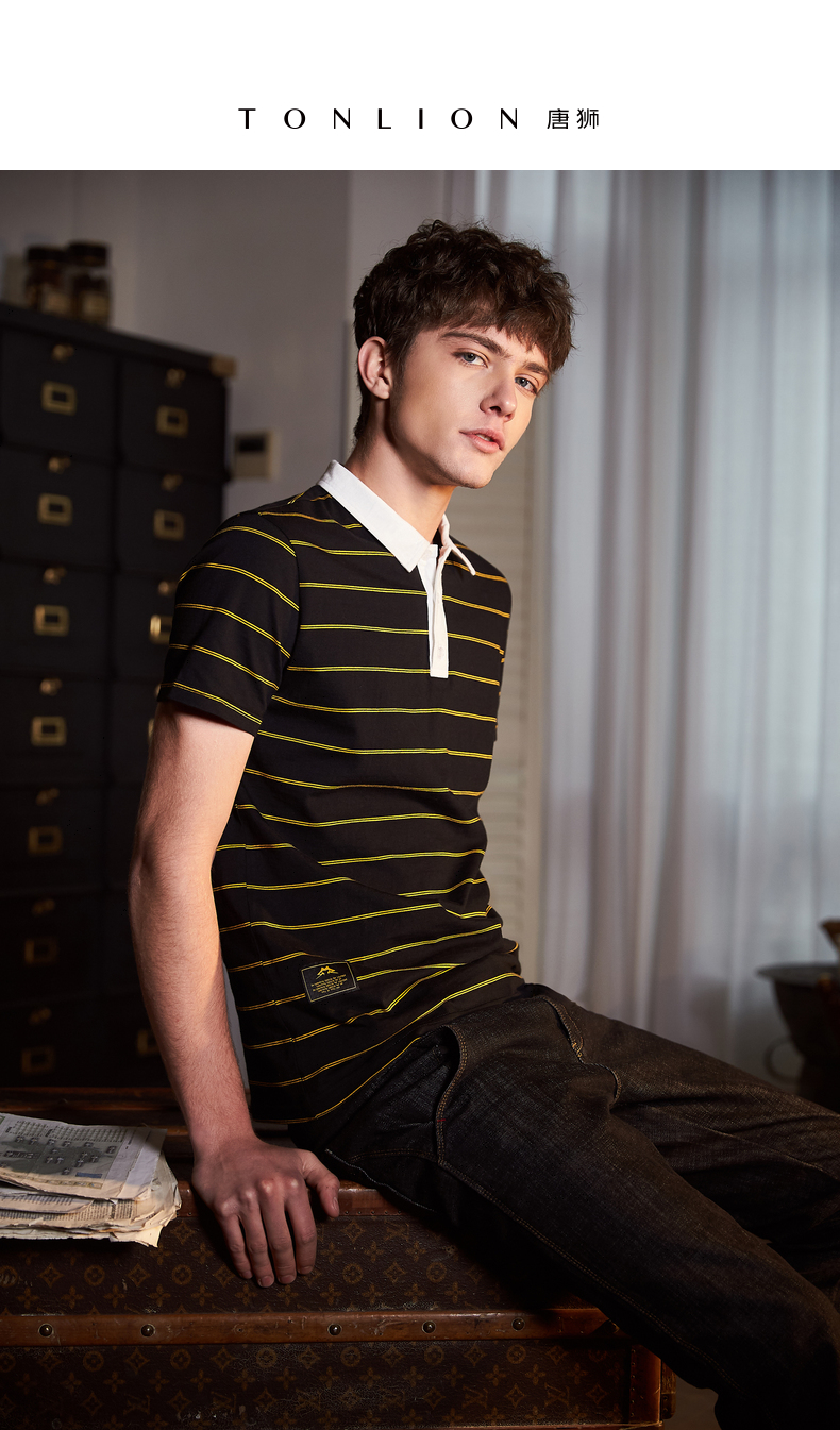 超级新品 唐狮夏季新款polo衫男短袖撞色条纹原宿学生纯棉保罗衫潮牌