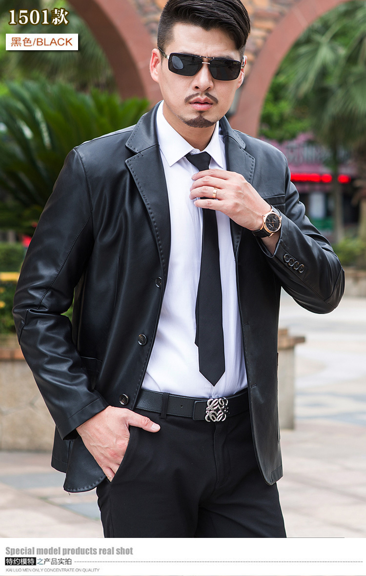 mtiny皮衣男中年休闲皮西服中长款夹克修身外套西装领