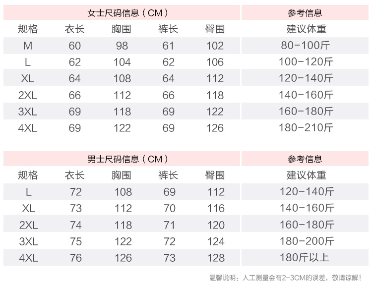 睡衣尺码体重表图片