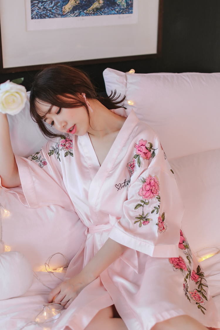 睡衣女夏季冰丝维秘睡袍真丝刺绣和服浴衣浴袍女士性感丝绸春秋季