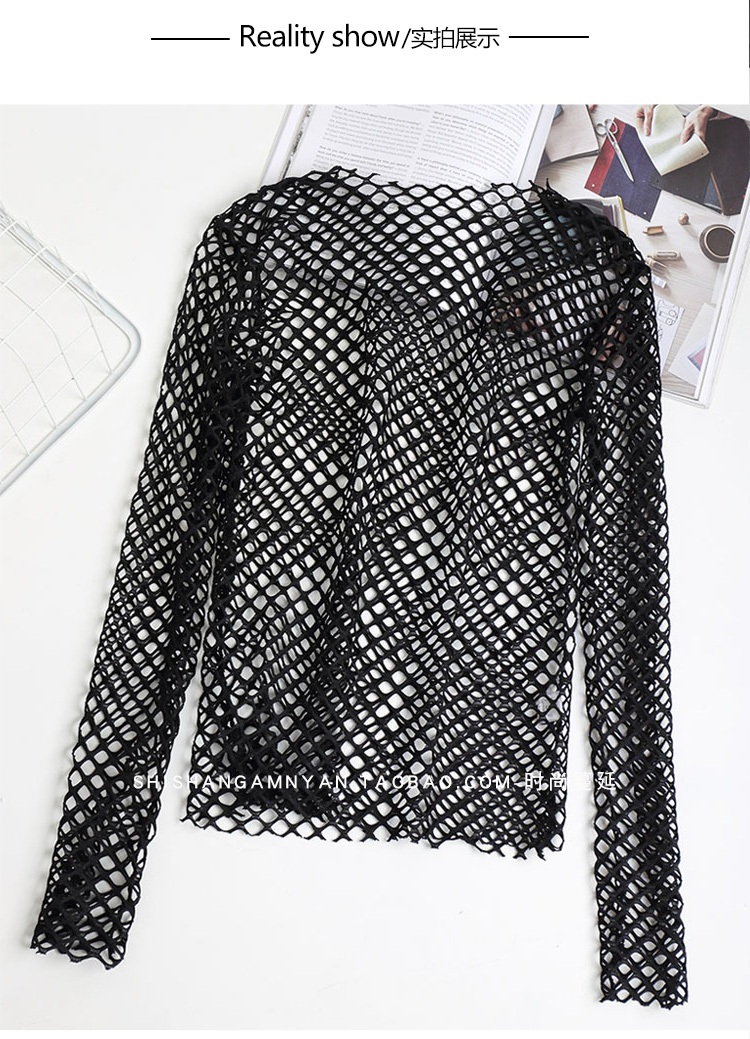 bw9新款杨幂同款黑色渔网格网纱内搭打底衫女长袖透视镂空性感蕾丝衫