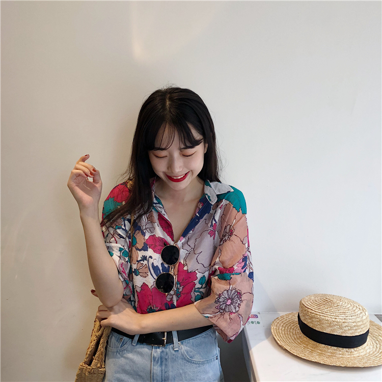 夏季2018显瘦休闲七分袖衬衫女宽松单排扣翻领学生衬衣浅绿色均码