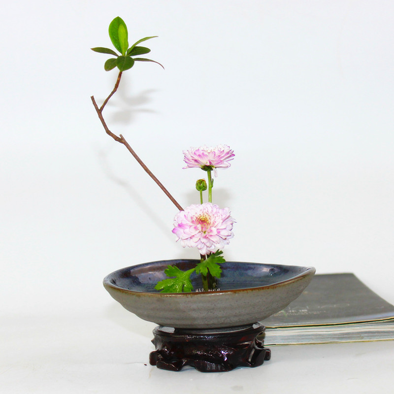 复古禅意插花盘 送剑山 插花器 陶瓷古典装饰 茶席花道盆