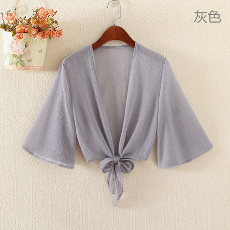 曼妮(zmany)女士短外套 mtiny雪纺披风女夏短款小外套夏季小开衫系带