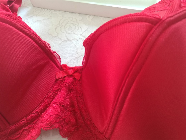 大码薄款文胸套装新年红内衣本命年大红色胸罩全包不跑杯光面乳罩