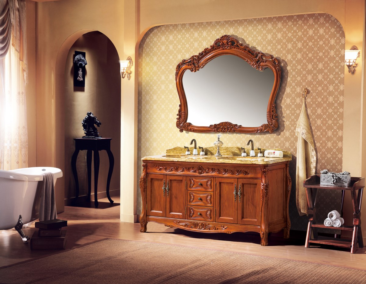 马可波罗卫浴 浴室柜 洗漱台 镜柜 天然大理石台面 美国进口红橡木
