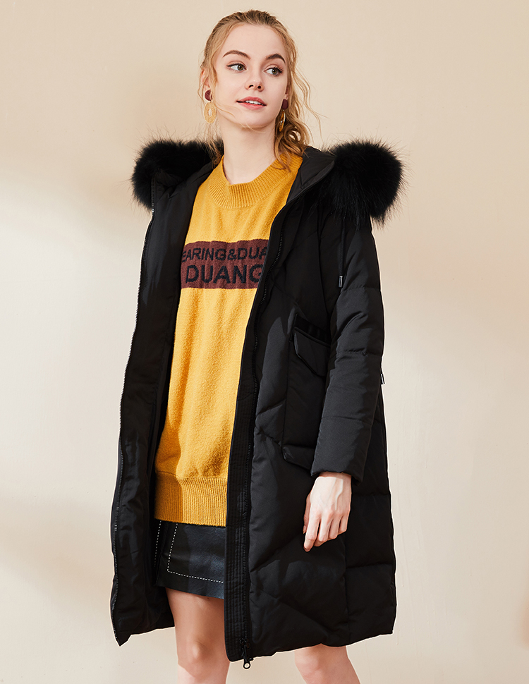 eral/艾莱依时尚大毛领羽绒服女中长款2018新款修身加厚601801270