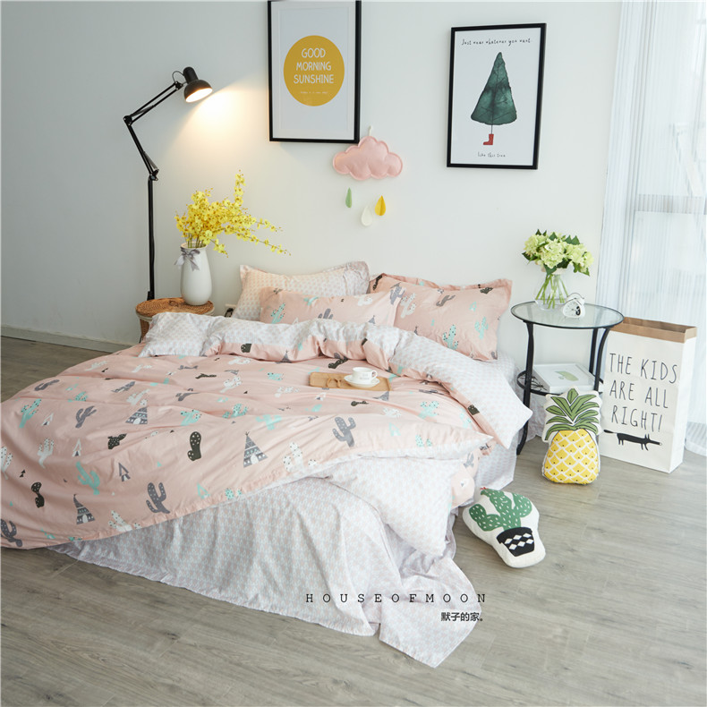 北欧仙人掌小清新全棉1.5m1.8米床三件套四件套床单床上用品纯棉