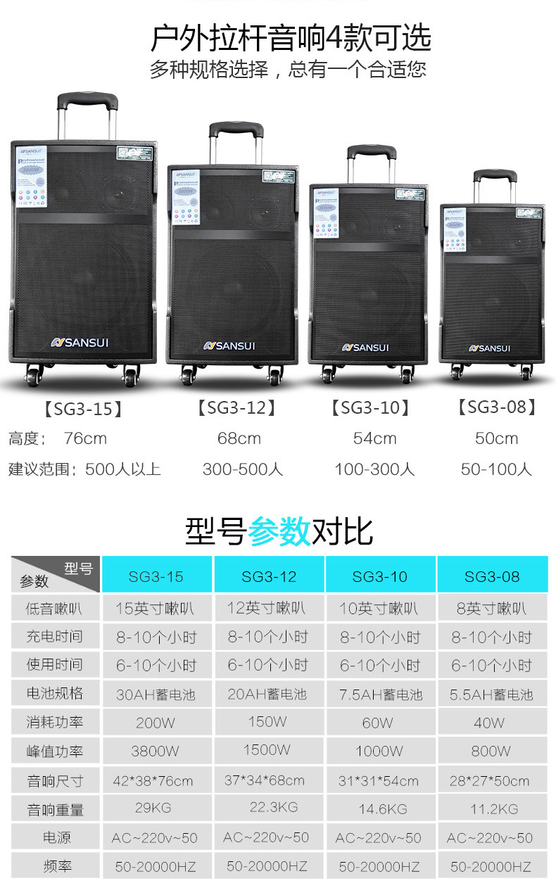 SanSui/山水SG3-15户外乐队演艺移动拉杆音箱大功率舞台音响广场舞音响便携一体机充电蓝牙音响2.0声道低音炮扩音