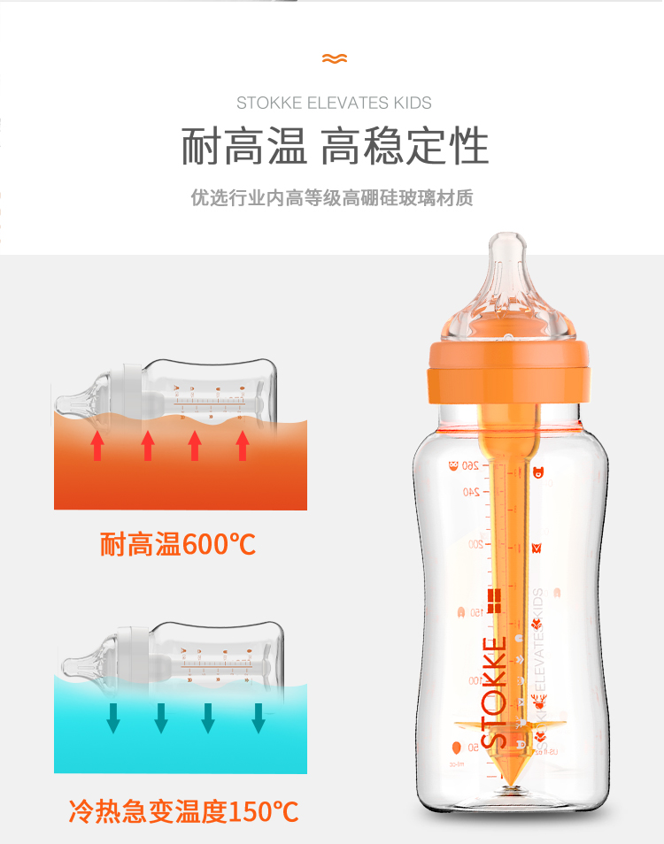 STOKKE婴儿宽口径防胀气导管玻璃奶瓶180ml（白色）新生儿配慢流量奶嘴