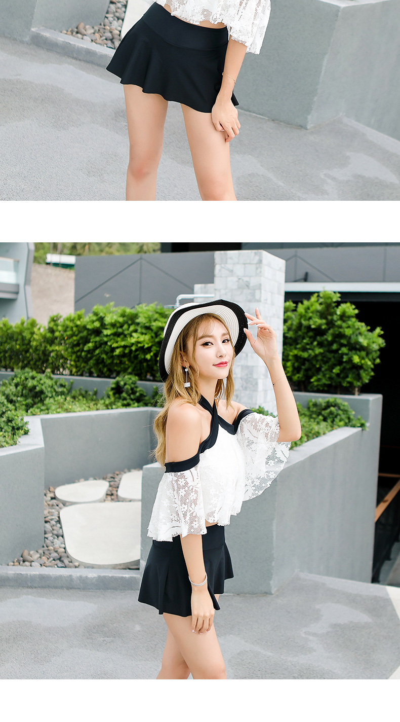 泳衣女保守学生韩国裙式小胸聚拢蕾丝边分体平角裤泳装