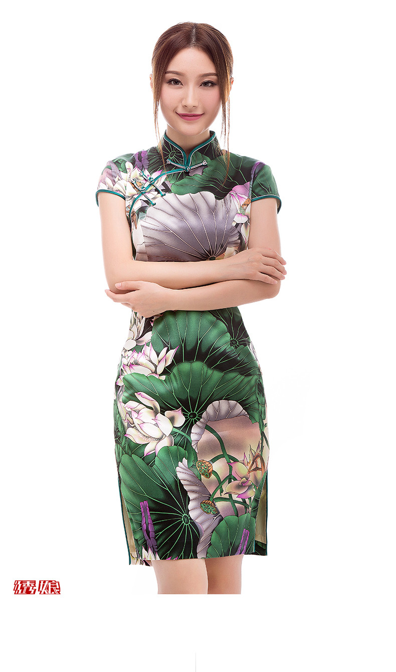 绣娘婚纱/礼服/旗袍 绣娘丝绸碧天荷花旗袍连衣裙夏中长款修身显瘦文