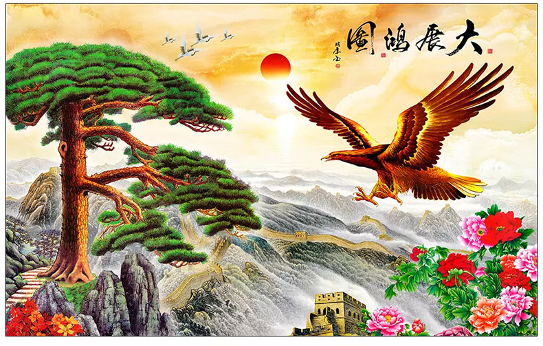 3d立体电视背景墙壁纸客厅中式大展宏图长城山水风景壁画沙发墙纸