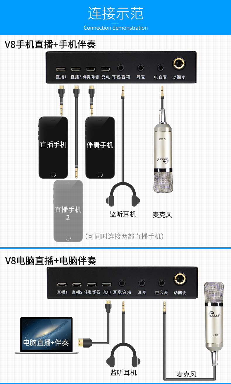 優歌美蒂u22v8手機直播聲卡套裝快手麥克風喊麥主播設備全套通用全民