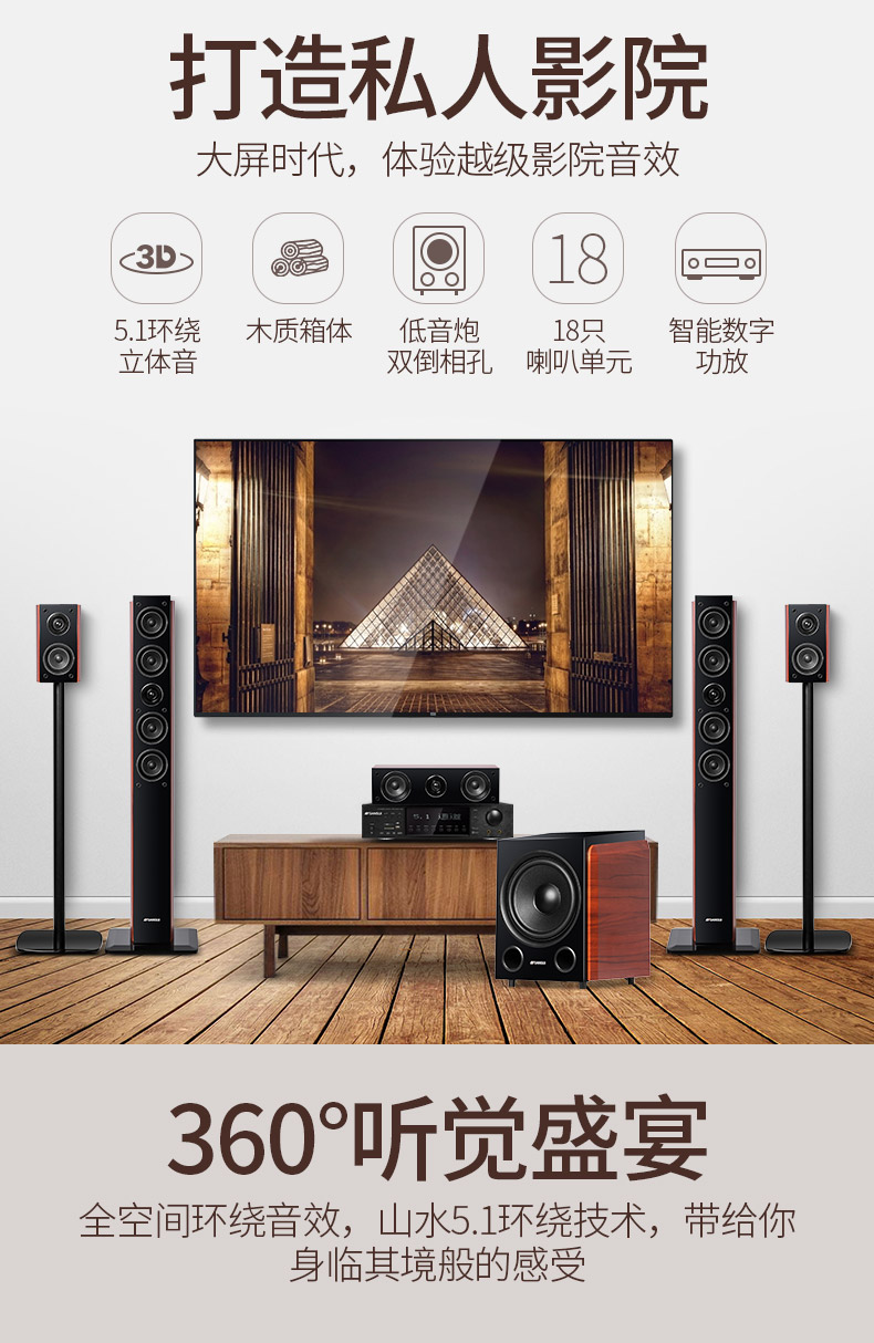 山山水sansuif851声道家庭影院音响含前置2个中置1个低音炮1个环绕2个
