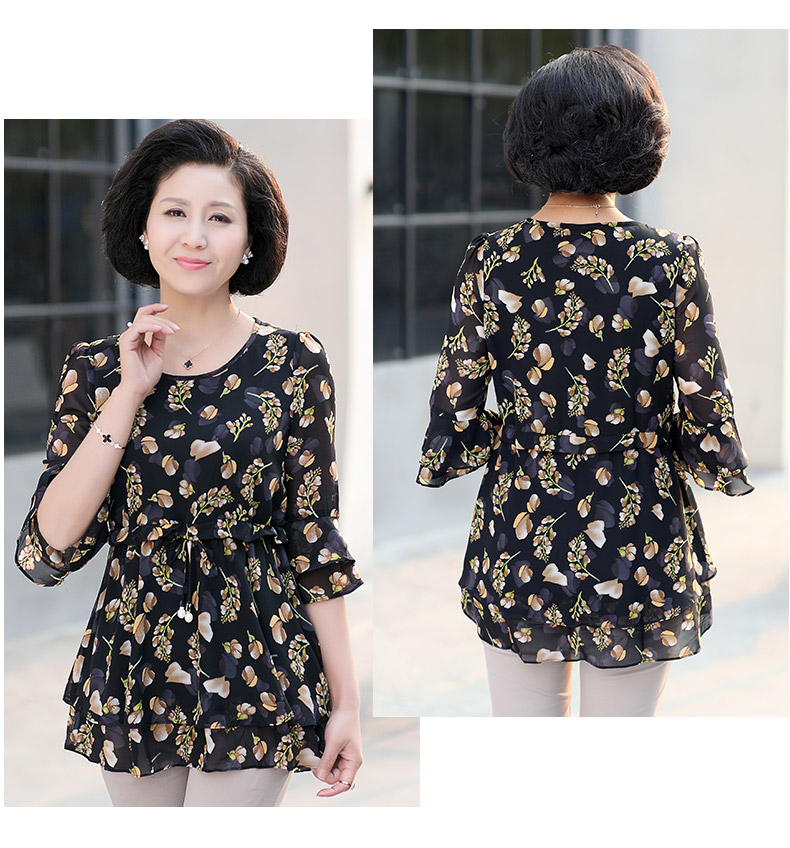 mtiny中老年女装夏装时尚半袖妈妈装雪纺衫宽松中年妇女t恤上衣4050岁