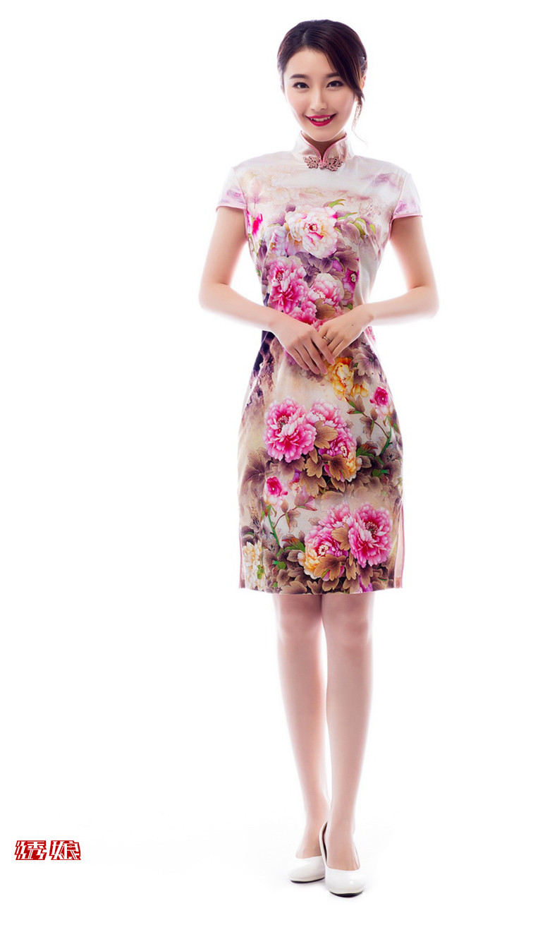 绣娘丝绸绽放牡丹旗袍苏州桑蚕丝旗袍连衣裙日常中国风短款显瘦