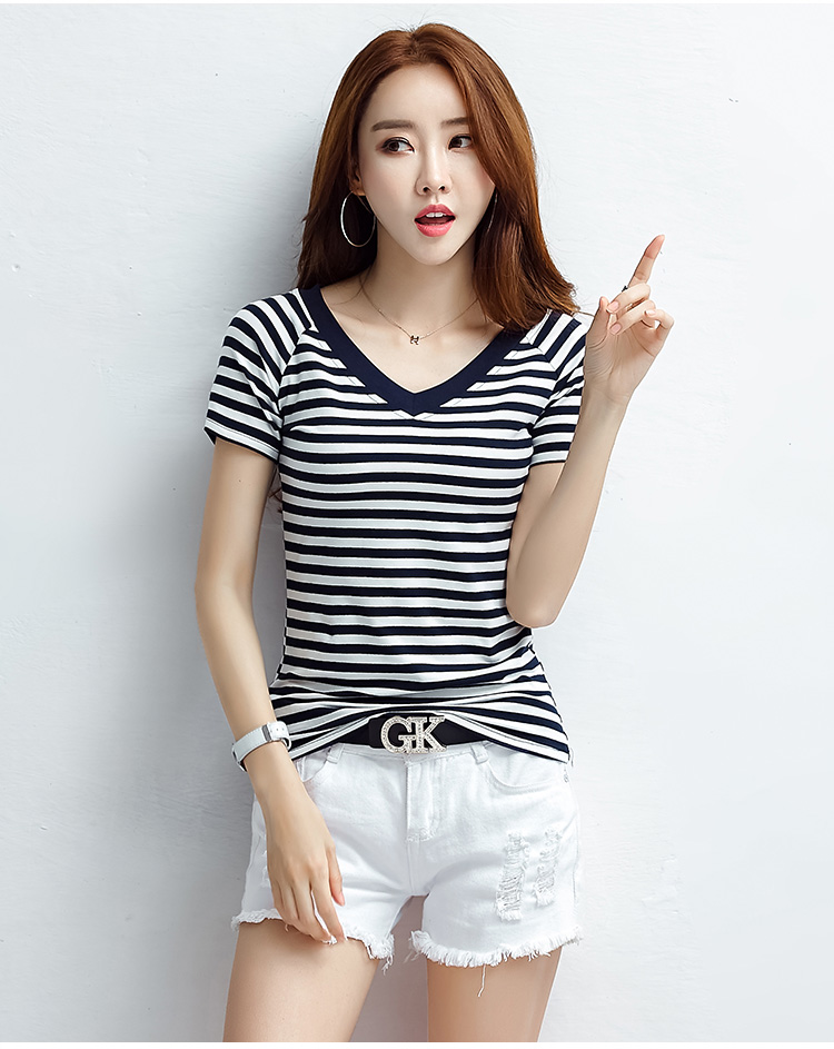 歌诺瑞丝genuoruisi2018夏新款韩版修身显瘦百搭条纹短袖t恤上衣女