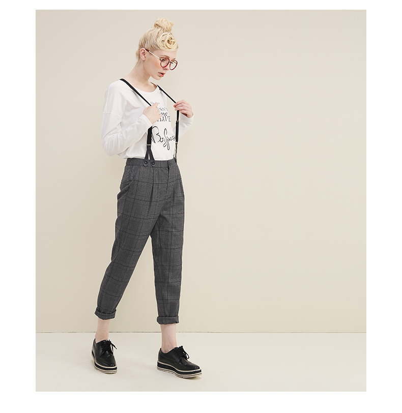 秋壳2019夏装背带裤女宽松英伦风格子长裤学生小清新铅笔裤