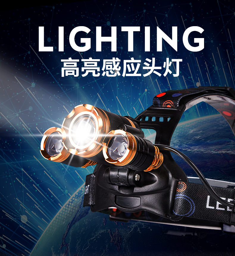 甄萌led头灯户外感应头灯强光充电钓鱼灯超亮头戴式防水变焦灯