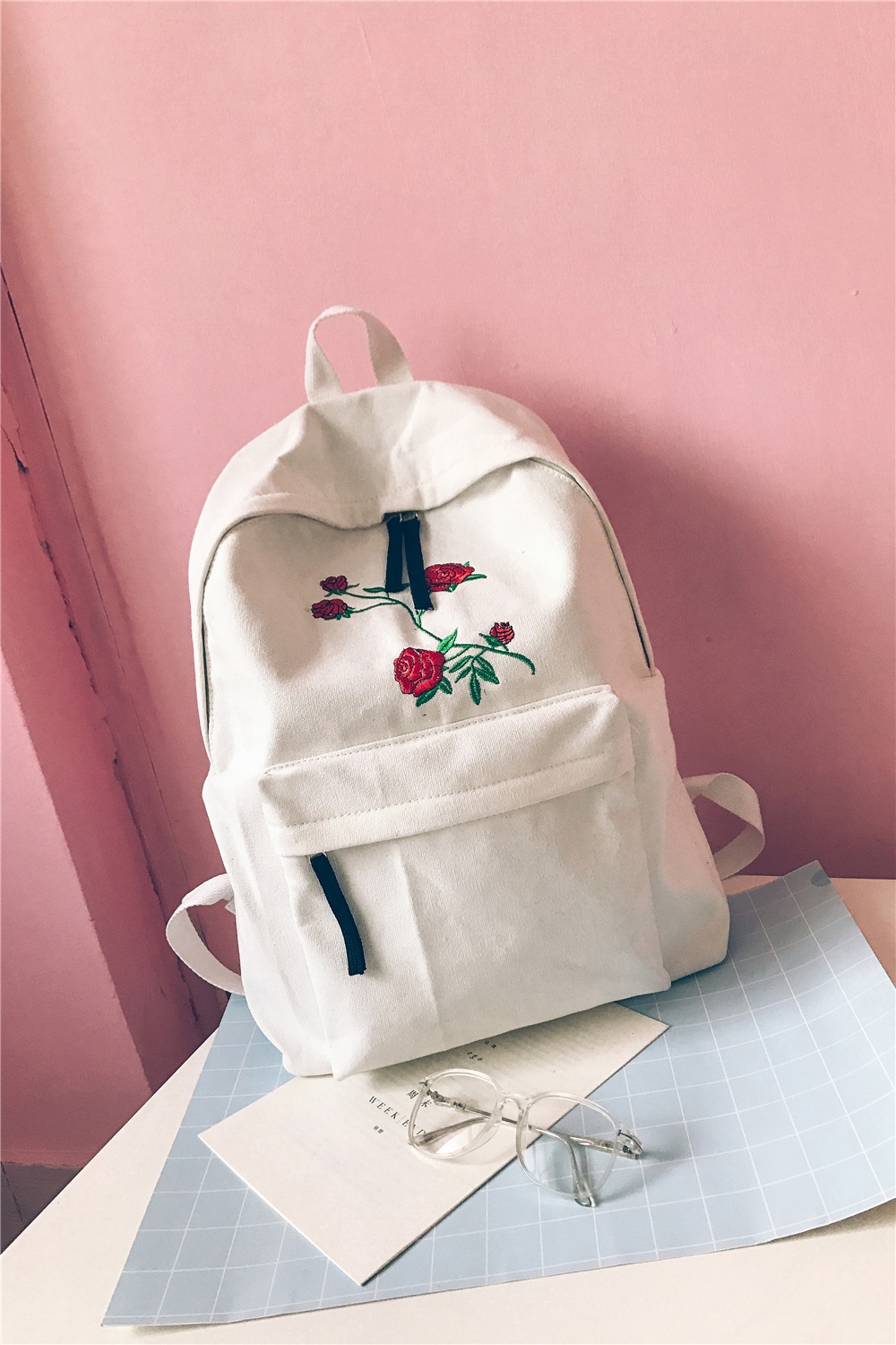 薇姬桑妮刺绣书包女双肩包韩版复古花朵帆布原宿高中学生闺蜜背包