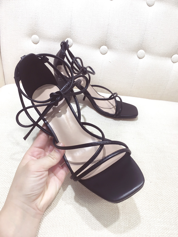 知音交叉绑带罗马凉鞋女夏2019新款粗跟系带细鞋子百搭鞋方头-定制款